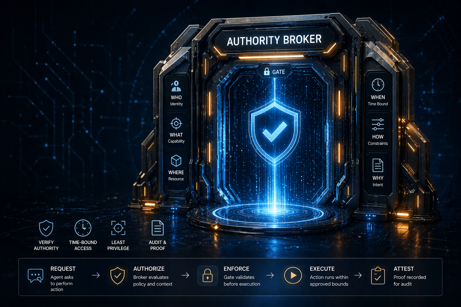 Anthropic-inspired security visual with a futuristic authority broker gate